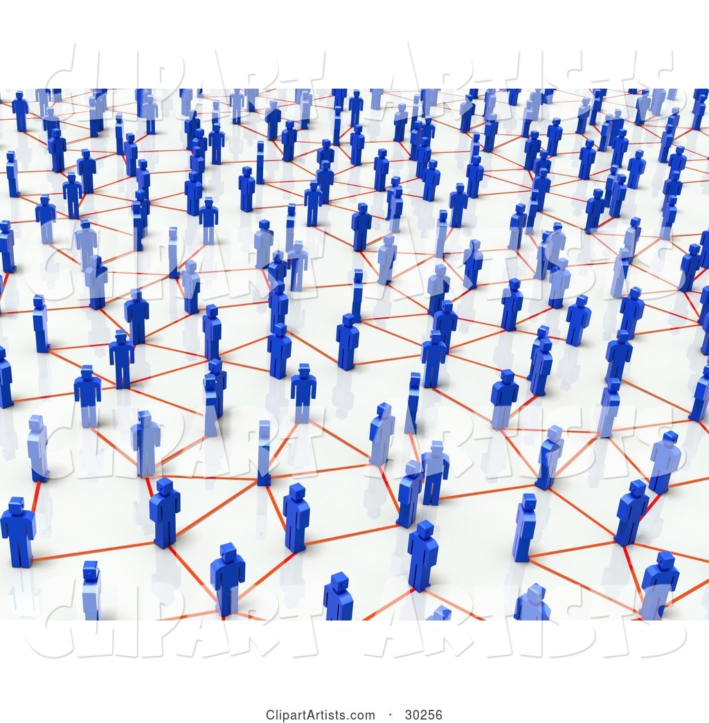 Busy Network of Blue People Connecting with Orange Lines