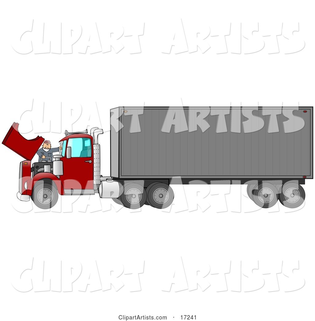 Caucasian Mechanic Man in Coveralls and a Red Hat, Working on the Engine of a Big Red 18 Wheeler Semi Truck