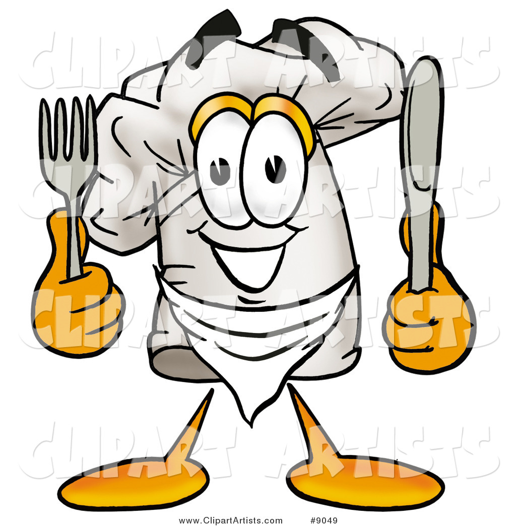 Chefs Hat Mascot Cartoon Character Holding a Knife and Fork