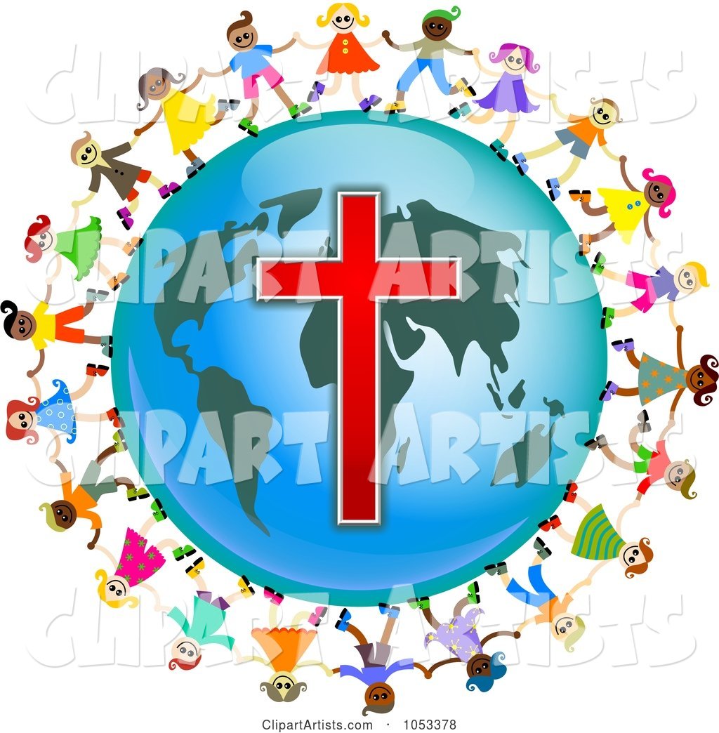 Christian Kids Holding Hands Around a Globe with a Cross