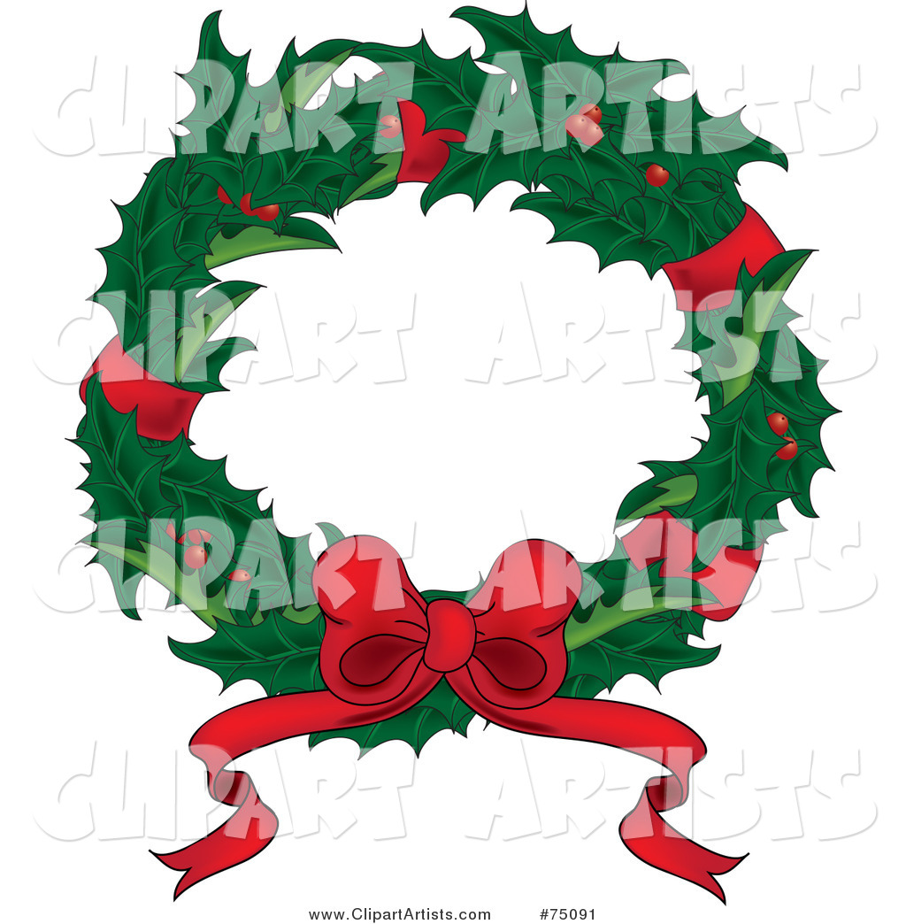 Christmas Wreath of Holly, Red Ribbons and a Bow