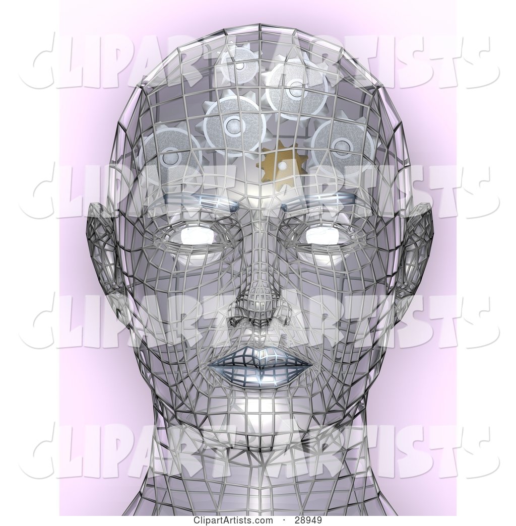 Chrome Wire Head with Glowing Eyes and Gears Working in the Brain, Symbolizing Creativity Artificial Intelligence, and Knowledge