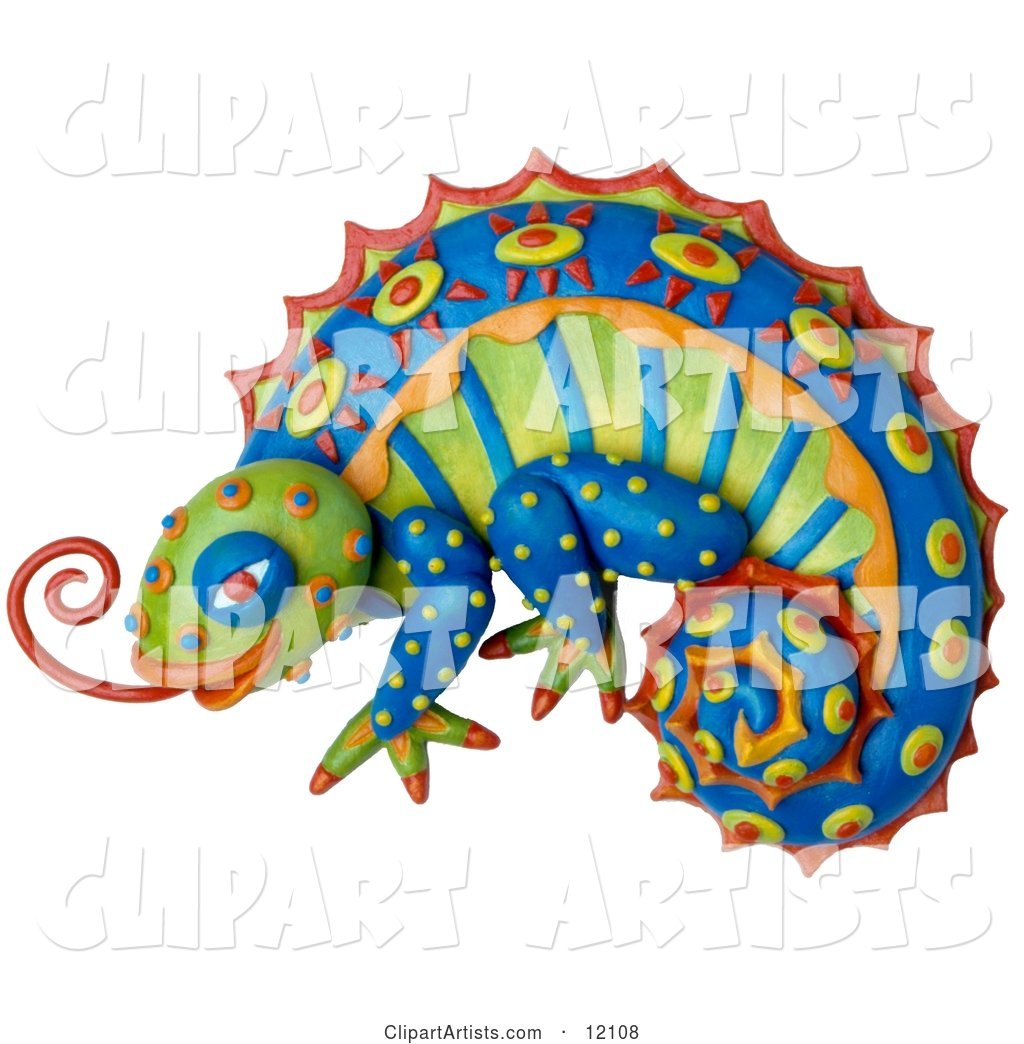 Clay Sculpture of a Colorful Chameleon Lizard with Bright Decorative Patterns, Sticking out Its Tongue
