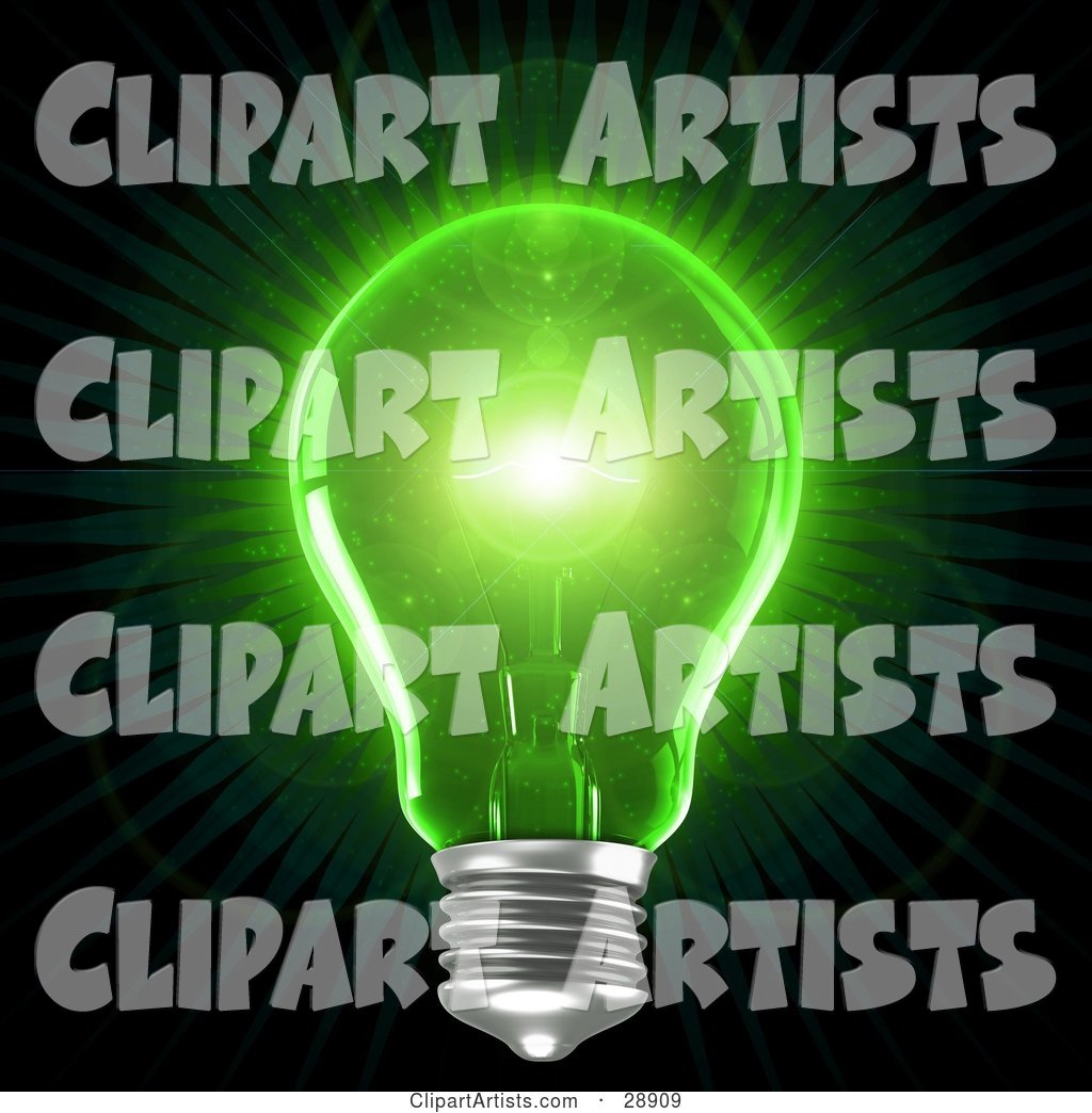 Clear Light Bulb Emitting Bright Green Light over a Black Background, Symbolizing Inspiration and Creativity
