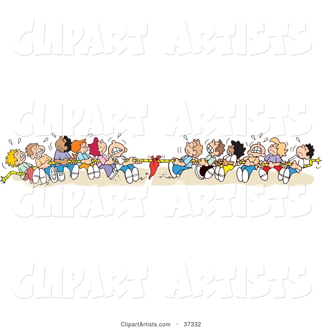 Clipart Illustration of a Group of Sweaty Kids Pulling with All of Their Might During a Game of Tug of War
