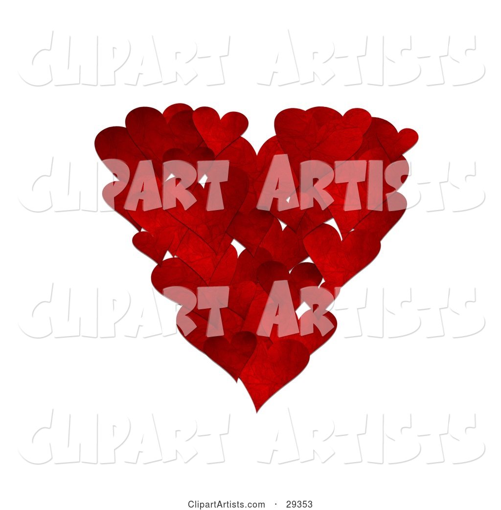 Cluster of Textured Red Hearts in the Shape of a Big Heart over a White Background