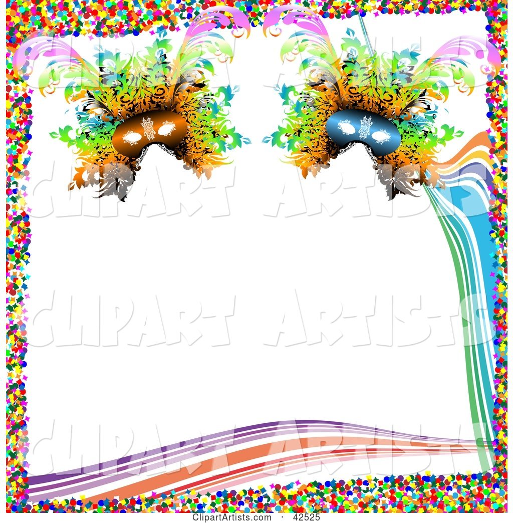 Colorful Mardi Gras Confetti Border with Waves and Masks on White