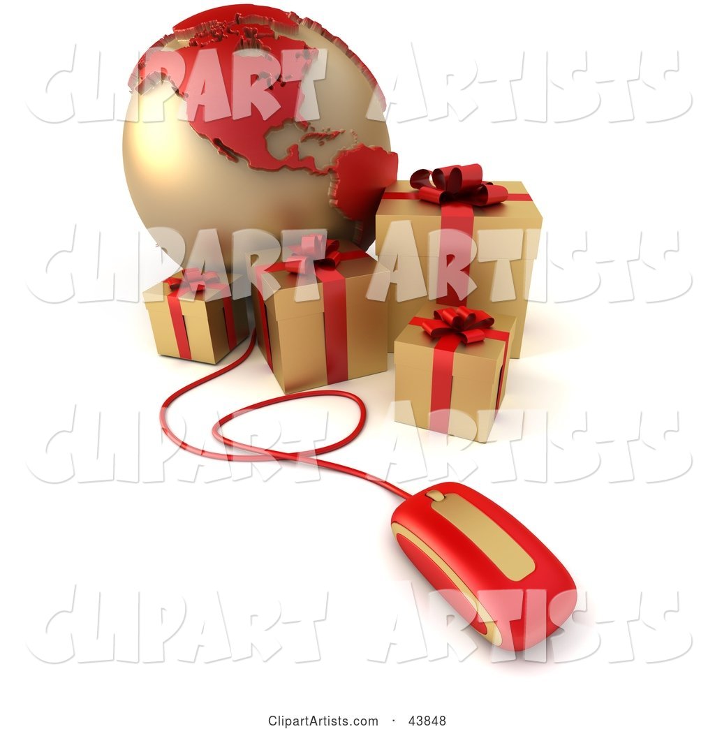 Computer Mouse Connected to a Globe Featuring America, with Gold Presents