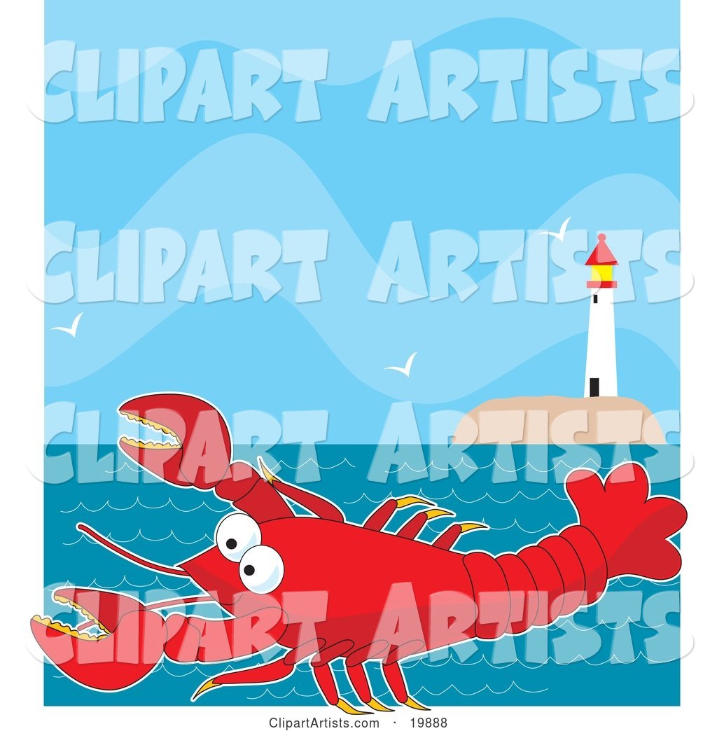Cute, Big, Red Lobster Cartoon Character Swimming in the Sea near a Lighthouse with Flying Seagulls