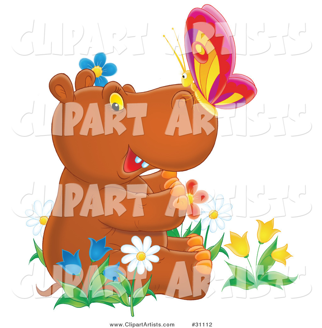 Cute Brown Baby Hippo with a Butterfly on His Nose, Sitting in a Bed of Colorful Spring Flowers, Tulips and Daisies
