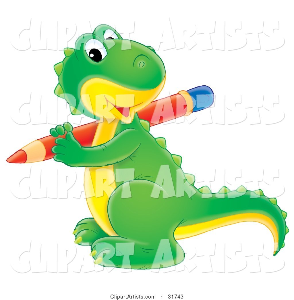 Cute Green and Yellow Baby Dinosaur Smiling at the Viewer While Writing with a Red Pencil