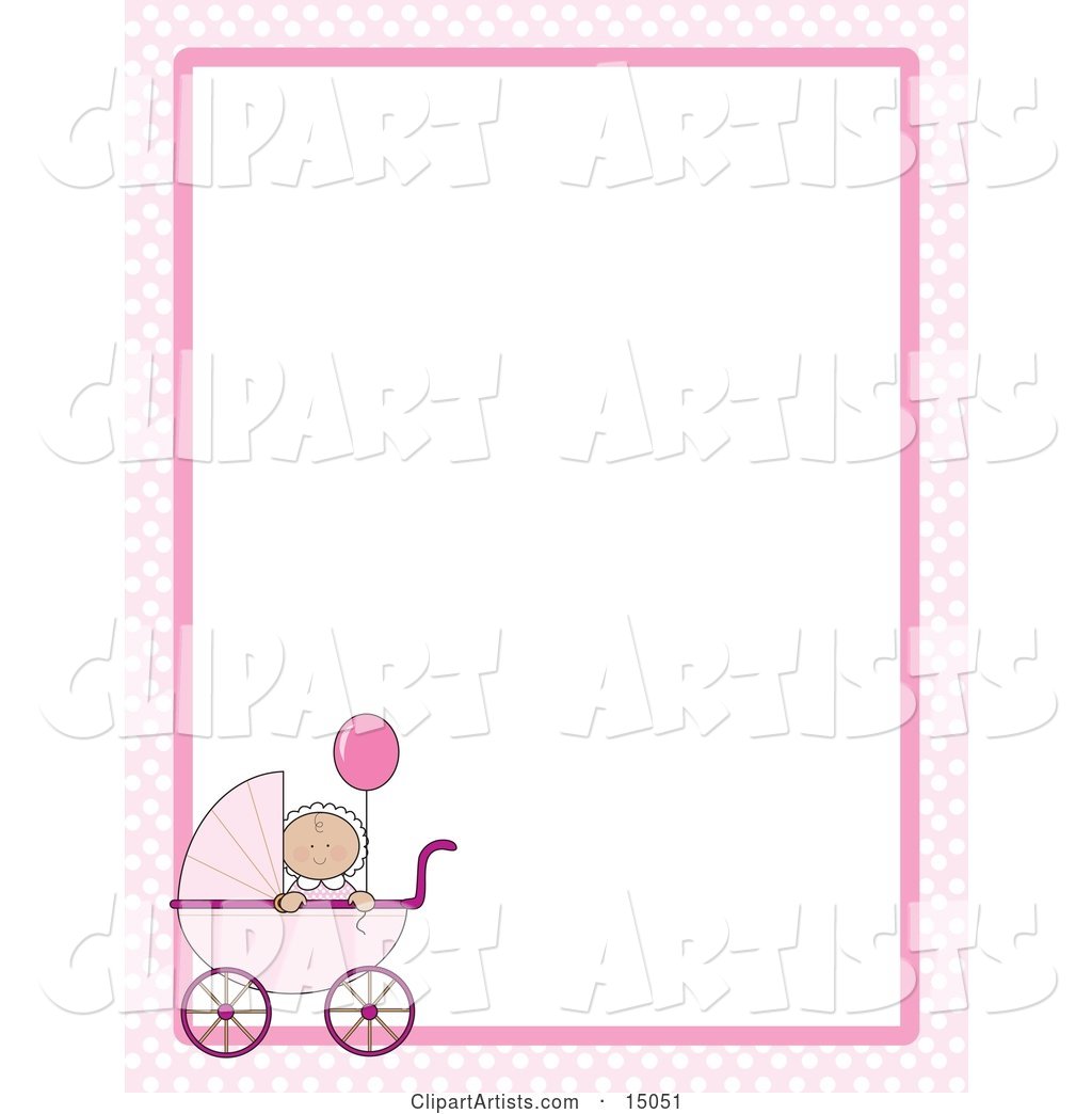 Cute Little Caucasian Baby Girl Holding a Balloon in a Pink Baby Carriage on a Pink and White Checkered Stationery Frame