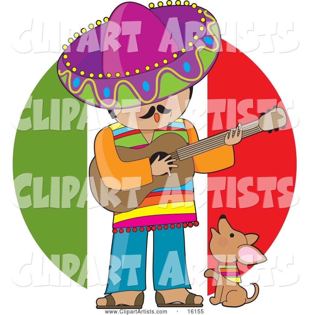 Cute Little Chihuahua Puppy Dog Wearing a Colorful Bandana Around Its Neck, Howling and Sitting at the Feet of a Male Mexican Musician Who Is Wearing Colorful Clothes and a Sombrero, Singing and Playing a Guitar