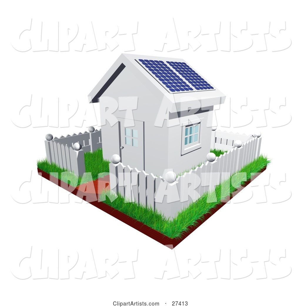 Cute Little White House with Green Grass, a Picket Fence and Solar Panels on the Roof
