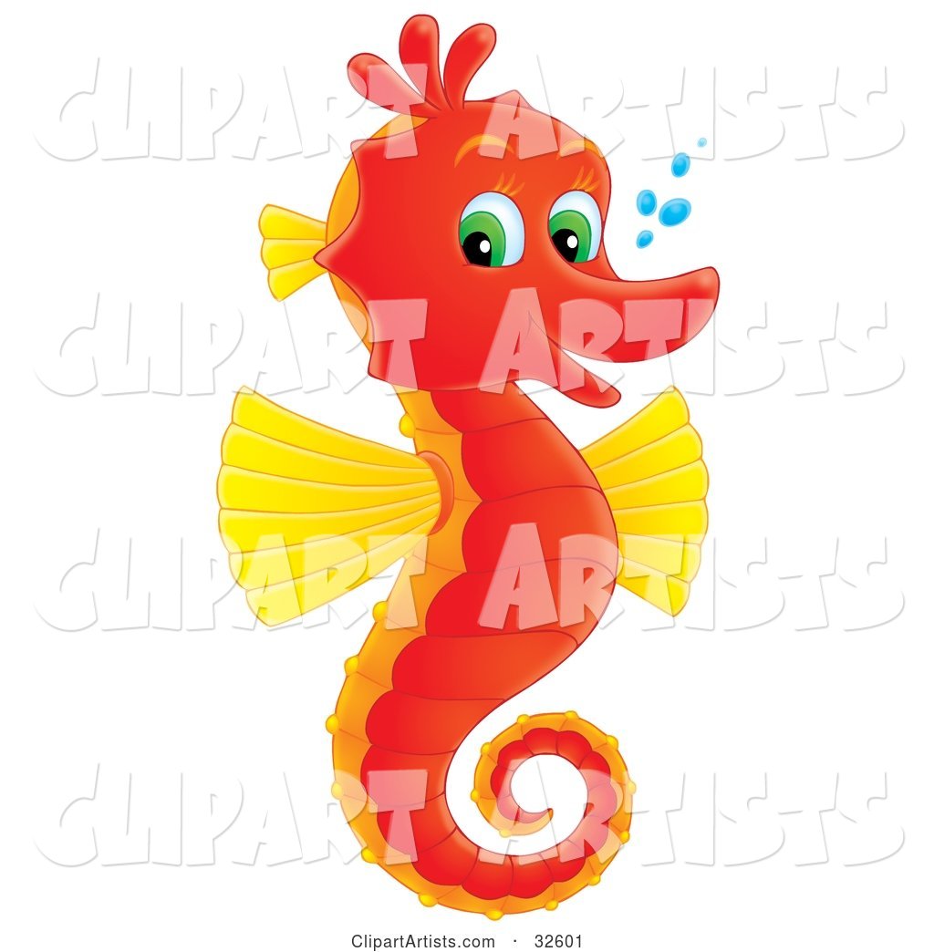Cute Red and Yellow Seahorse with Green Eyes, Facing Right and Smiling at the Viewer, with Bubbles