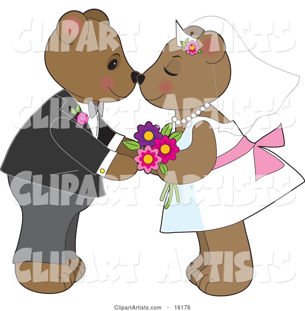 Cute Teddy Bear Bride and Groom Couple Kissing and Rubbing Noses at Their Wedding