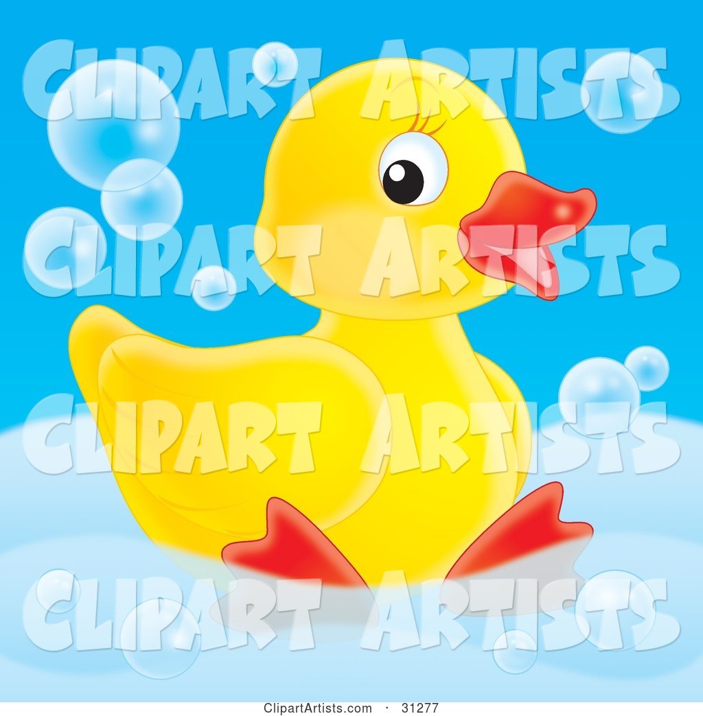 Cute Yellow Rubber Duck Relaxing in a Tub with Bubbles, on a Blue Background