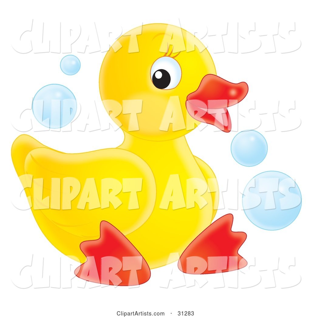 Cute Yellow Rubber Ducky Sitting on a White Background, with Blue Bubbles