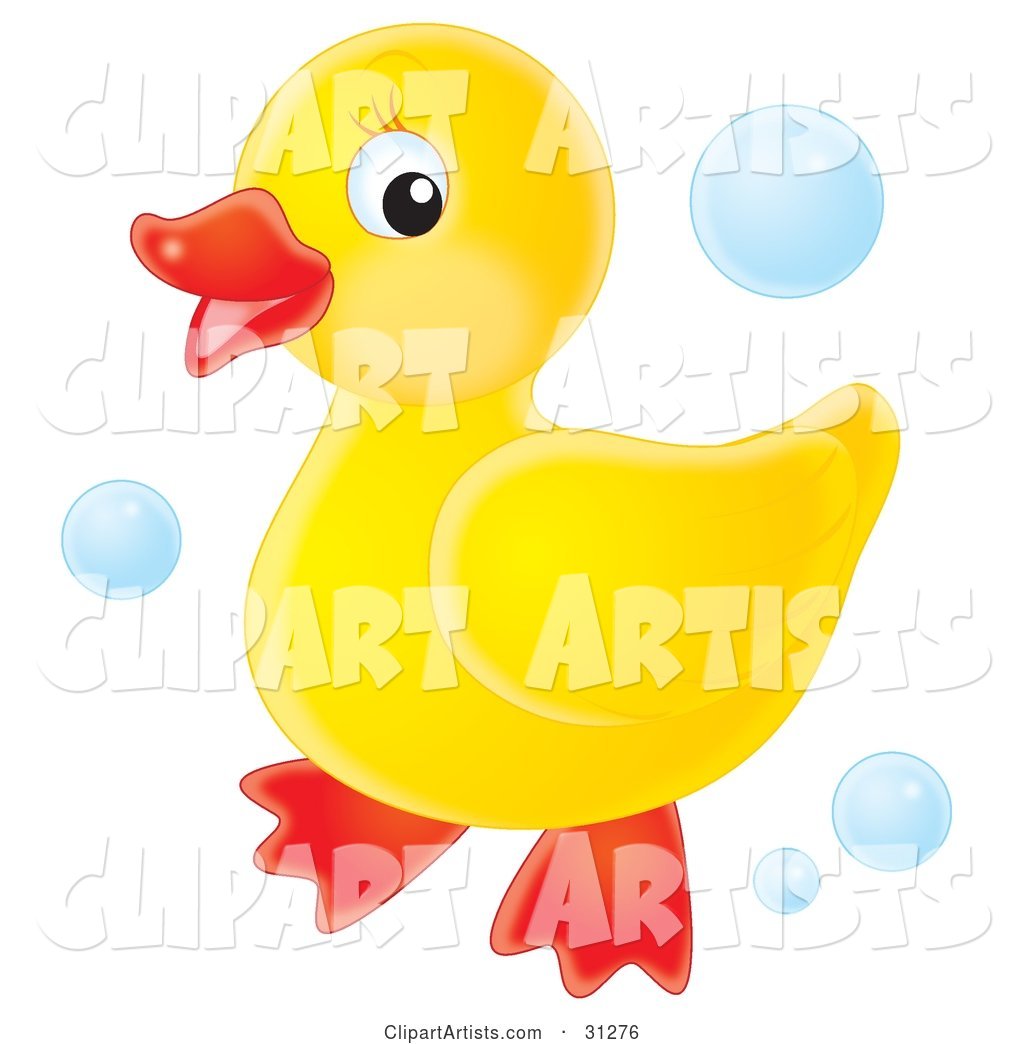 Cute Yellow Rubber Ducky Standing on a White Background with Blue Bubbles