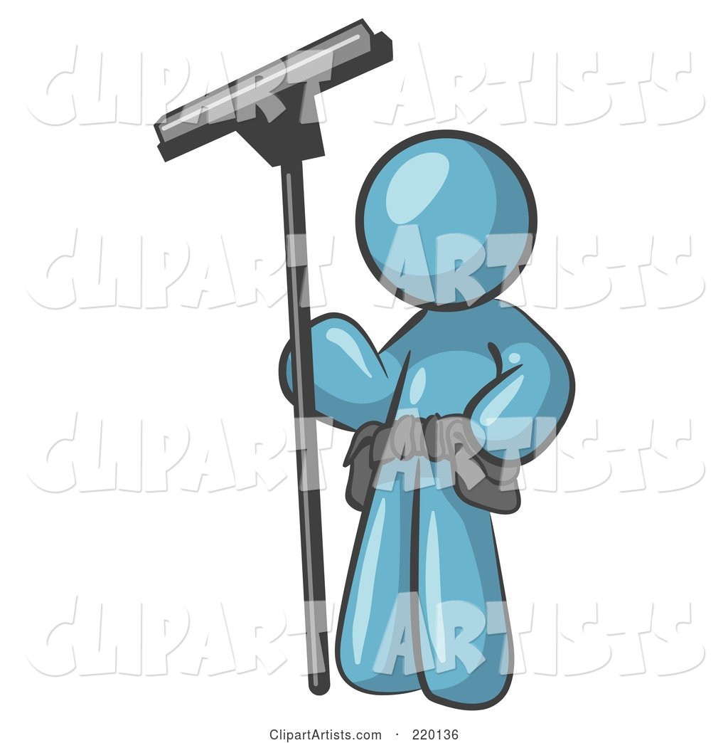 Denim Blue Man Window Cleaner Standing with a Squeegee
