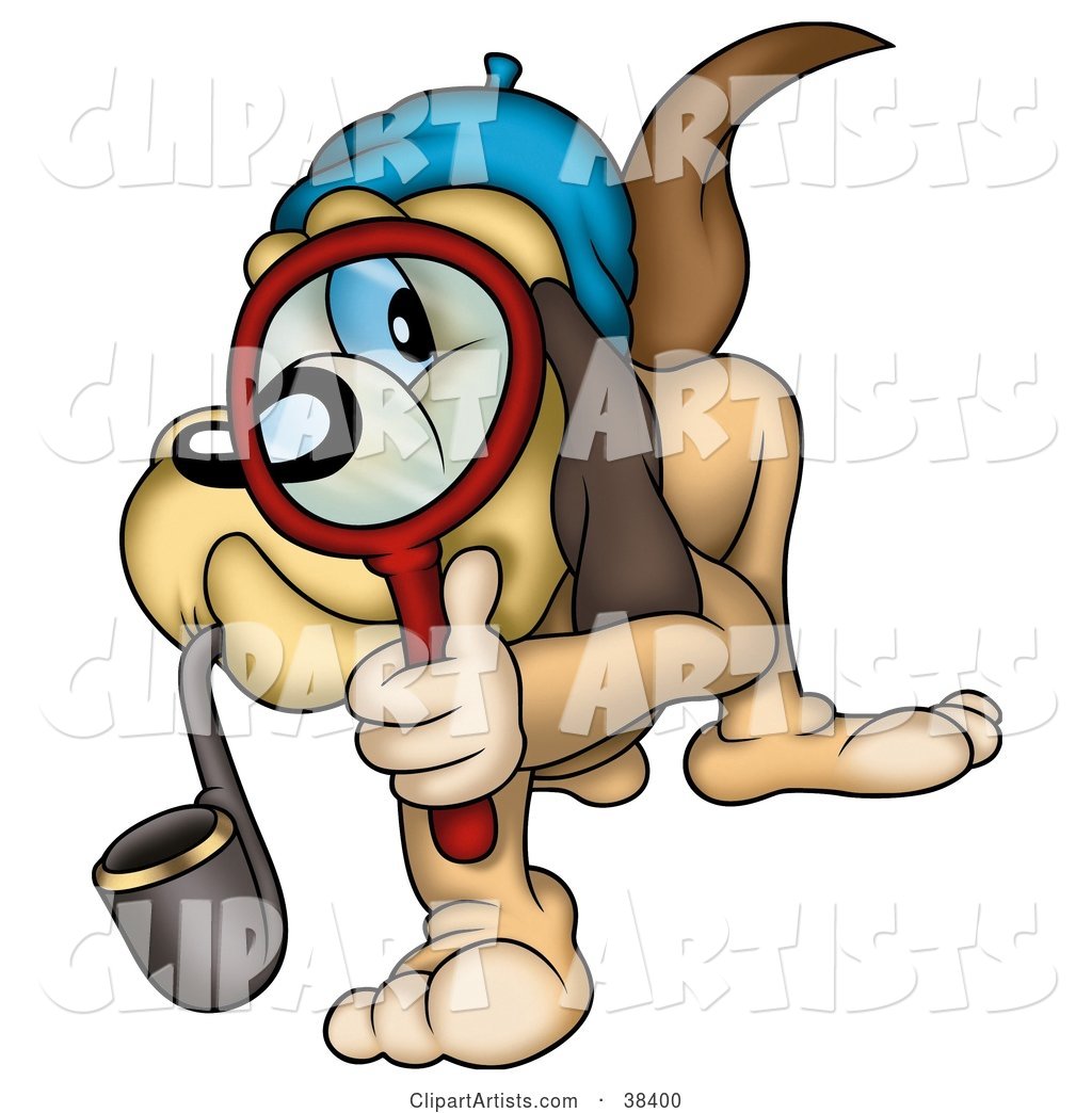 Detective Dog Smoking a Pipe and Peering Through a Magnifying Glass