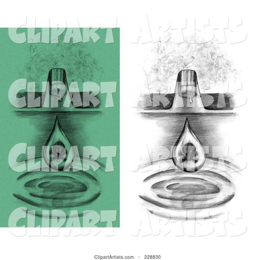 Digital Collage of Sketched Green and Black and White Water Drops Dripping from a Sink Faucet