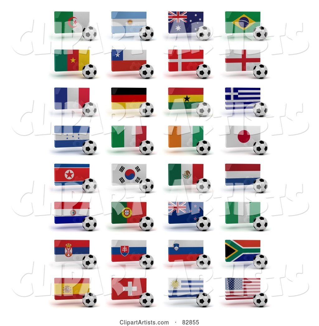 Digital Collage of Soccer World Cup 2010 Participating Countries with Balls and National Flags