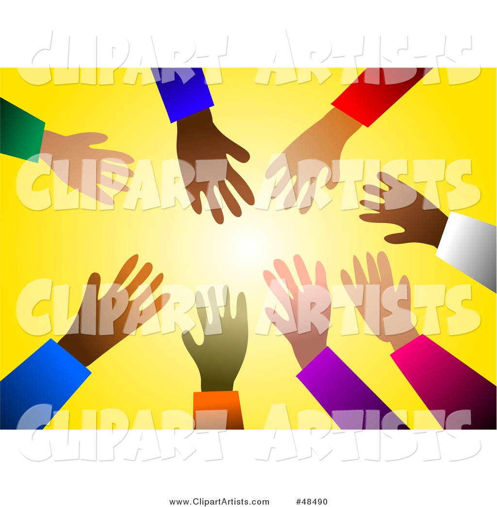 Diverse Ethnic Hands Reaching in Towards Light, over Yellow