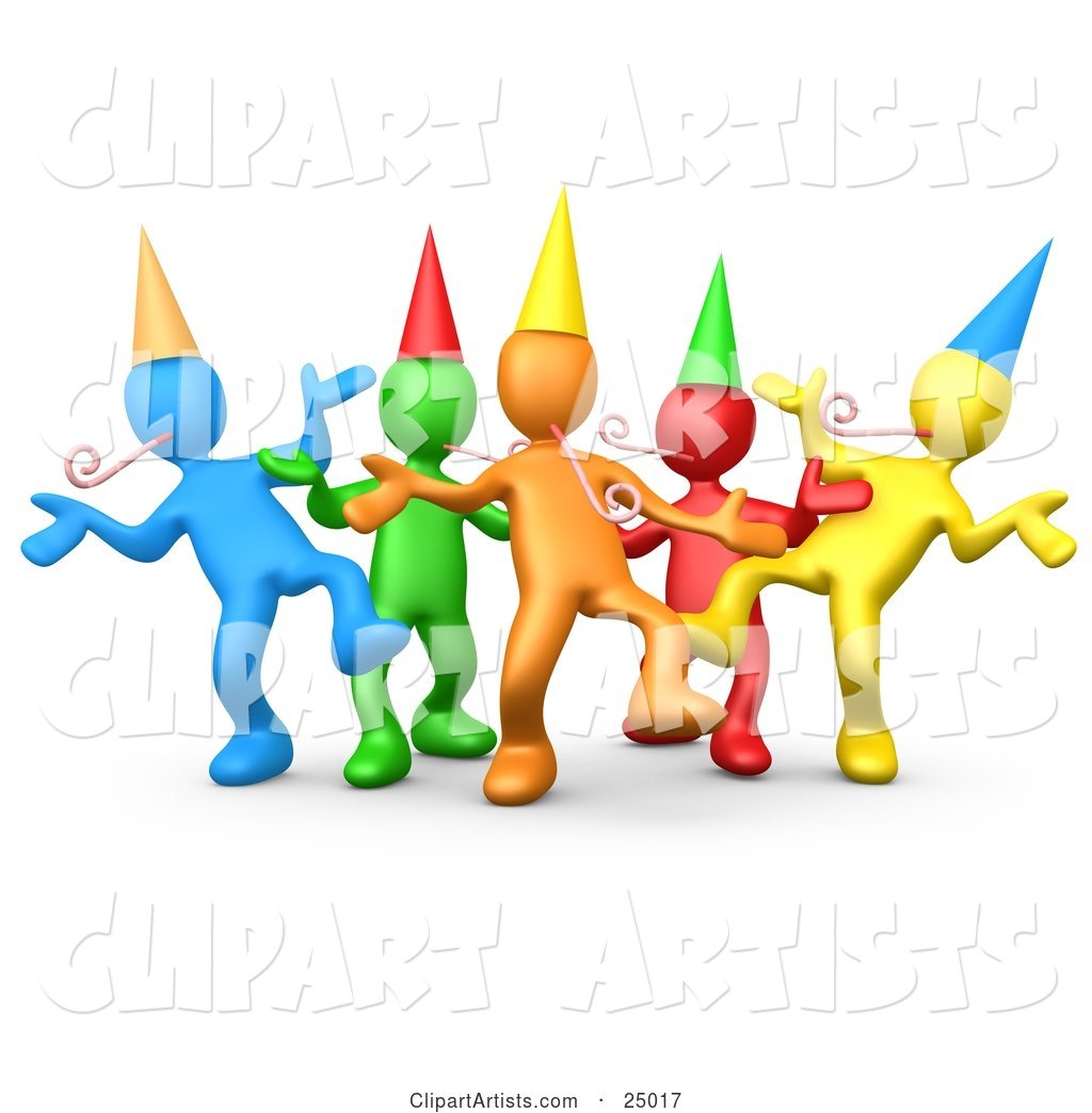 Diverse Group of Colorful People Wearing Party Hats and Blowing Noise Makers While Dancing at a Birthday or New Years Eve Party
