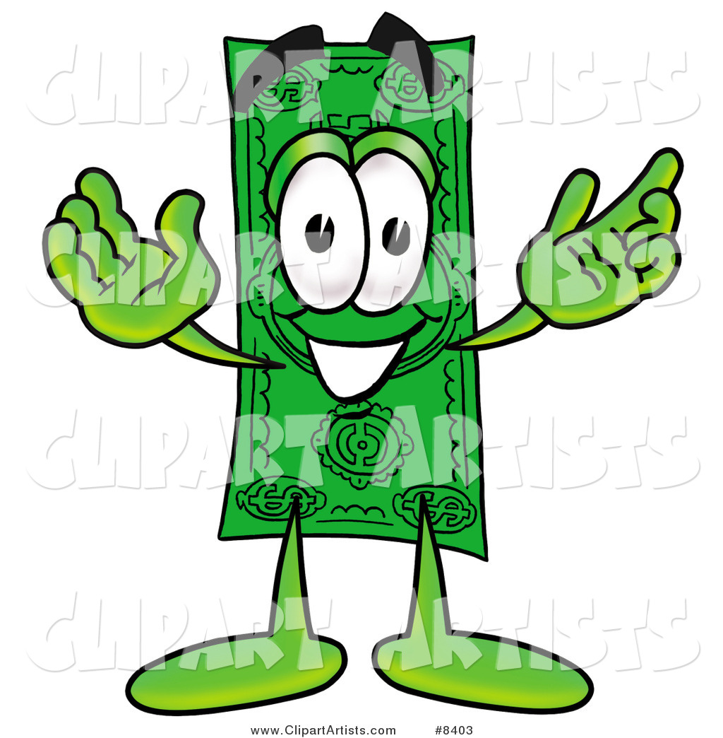 Dollar Bill Mascot Cartoon Character with Welcoming Open Arms