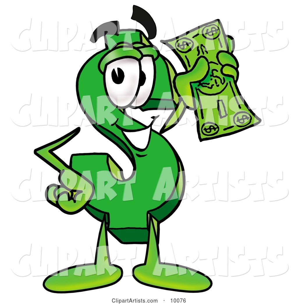 Dollar Sign Mascot Cartoon Character Holding a Dollar Bill