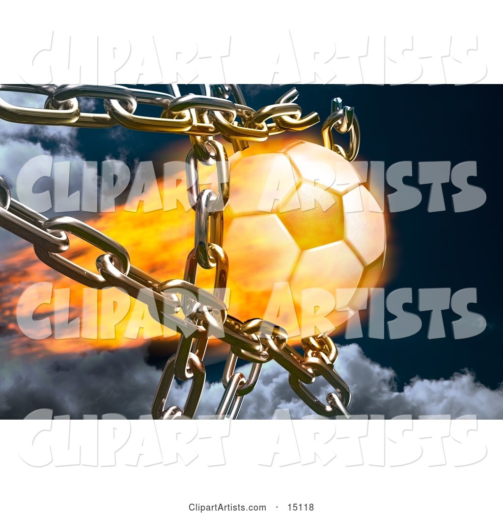 Feiry Soccer Ball Breaking Through Metal Chains While Making a Goal, Symbolizing Breaking Free, Speed, Strength, Victory, and Success