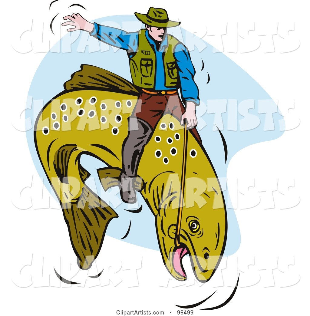 Fisherman Riding a Trout like a Cowboy at the Rodeo