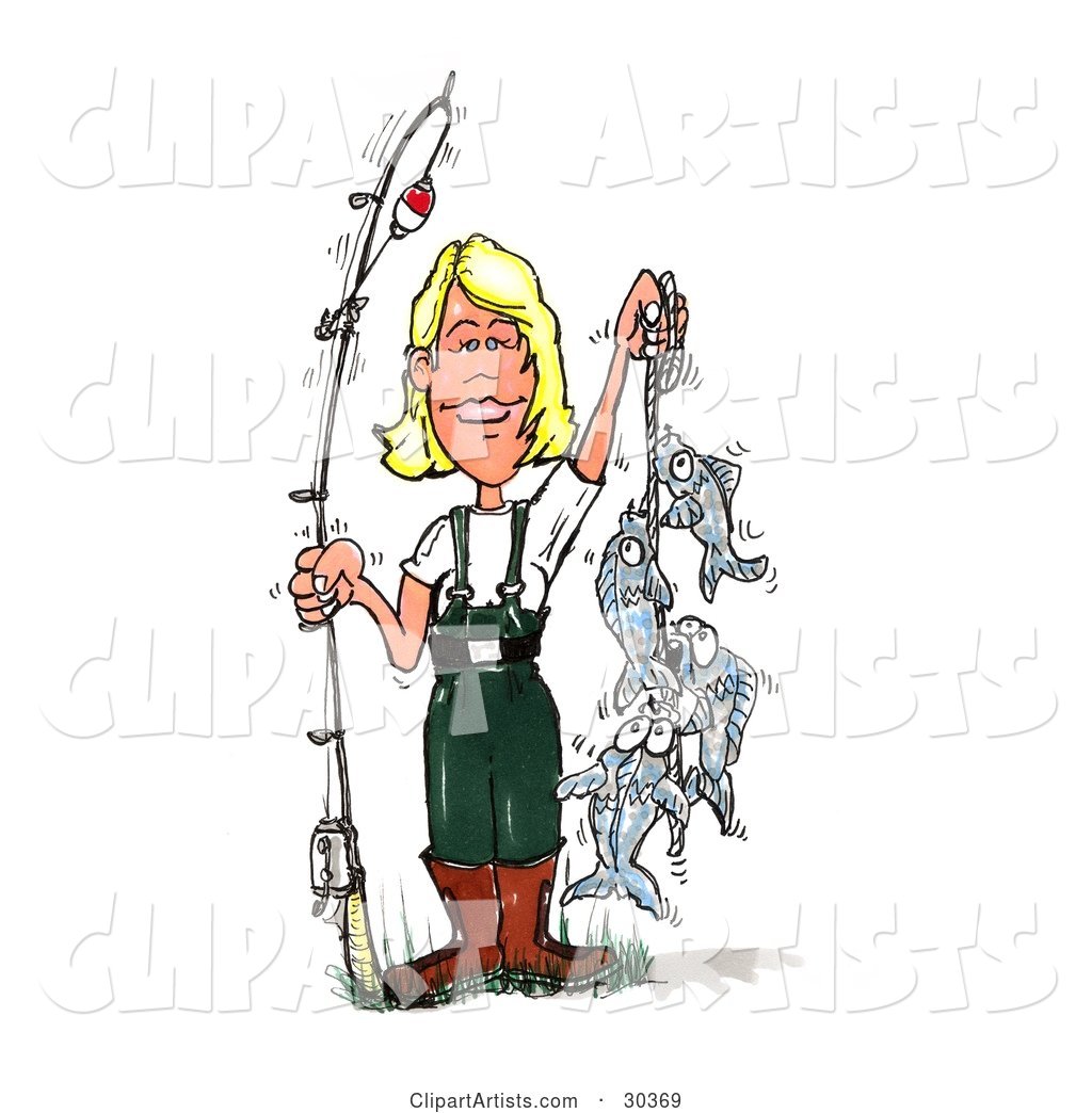 Fishing Blond Caucasian Woman in Wading Gear, Holding a Fishing Pole and a Rope of Caught Fish