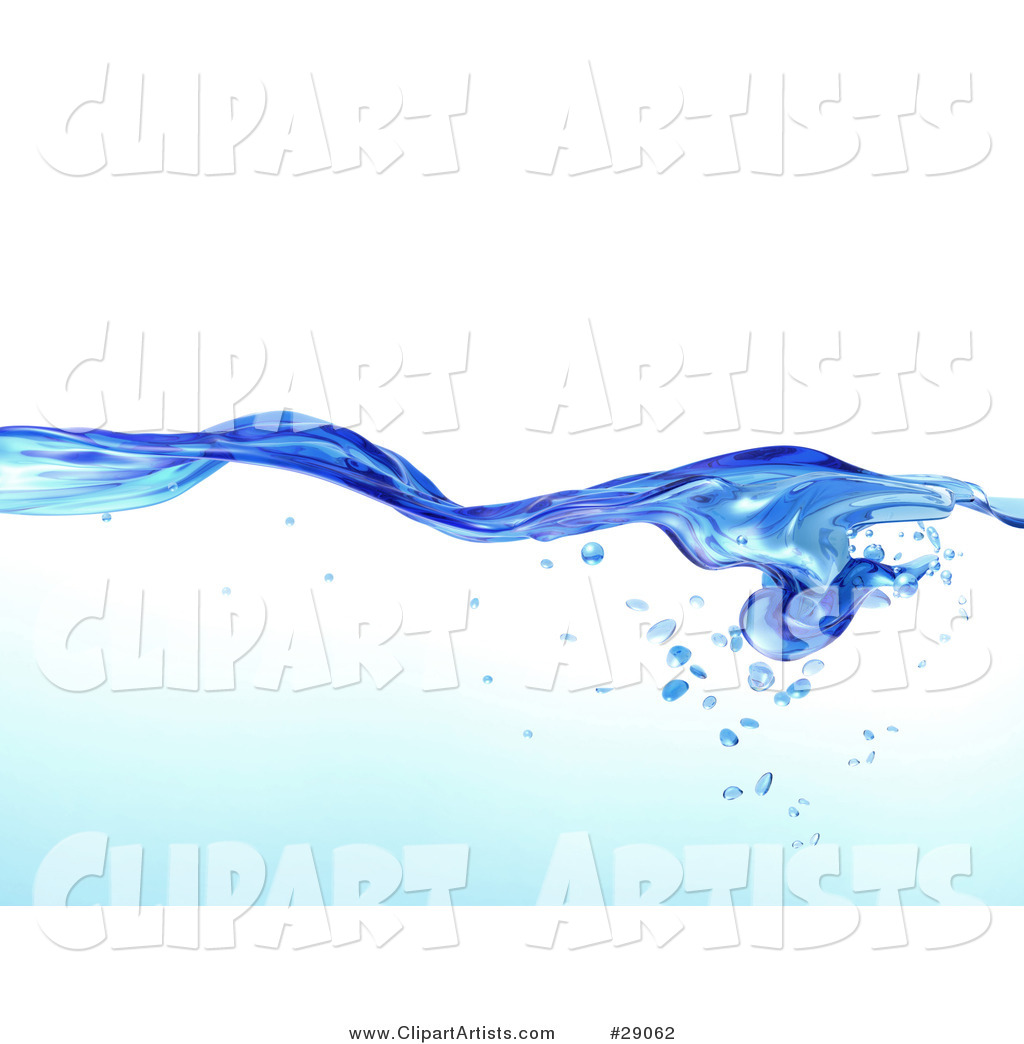 Flowing Clear Blue Purified Blue Water with Air Bubbles Underneath, over a White Background