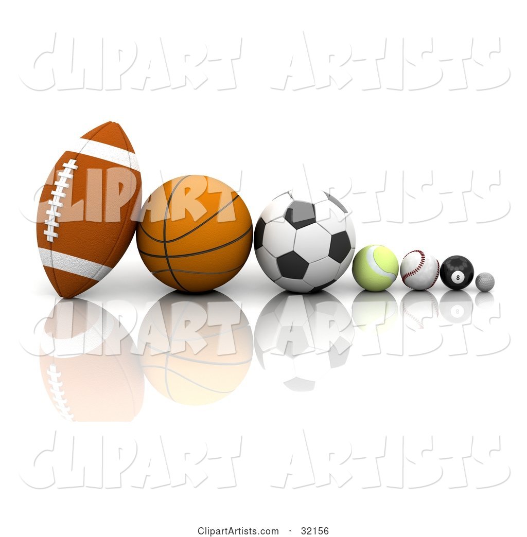 Football, Basketball, Soccer Ball, Tennis Ball, Baseball, Eight Ball, and Golf Ball in a Row on a Reflective White Surface