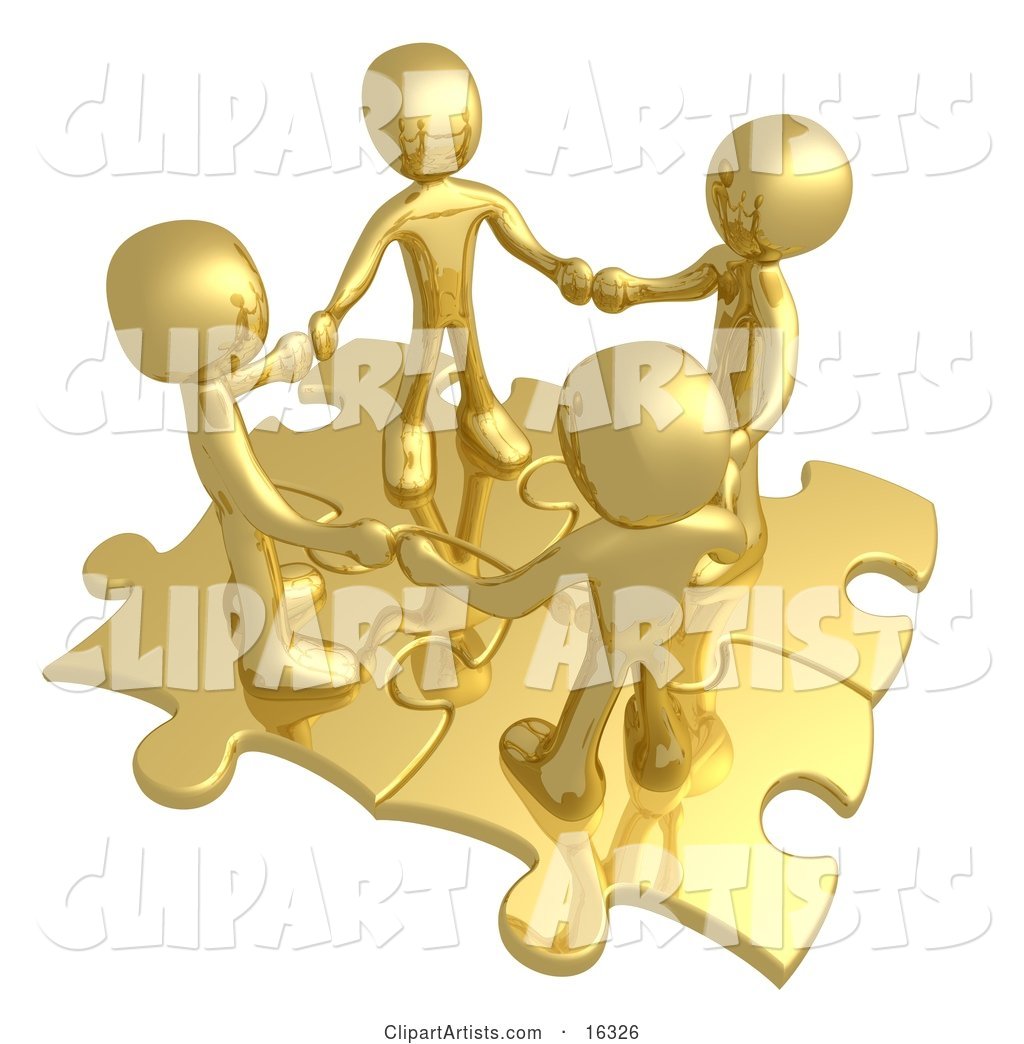 Four Gold People Holding Hands While Standing on Connected Gold Puzzle Pieces, Symbolizing Teamwork, and Interlinking for Seo Website Marketing