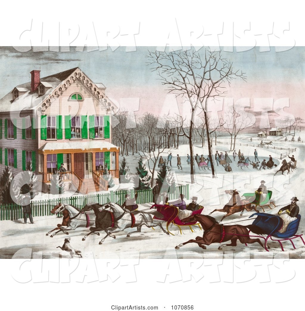 Four Horse Drawn Sleighs Racing down a Street in Front of a Home While People Watch or Ice Skate in the Background