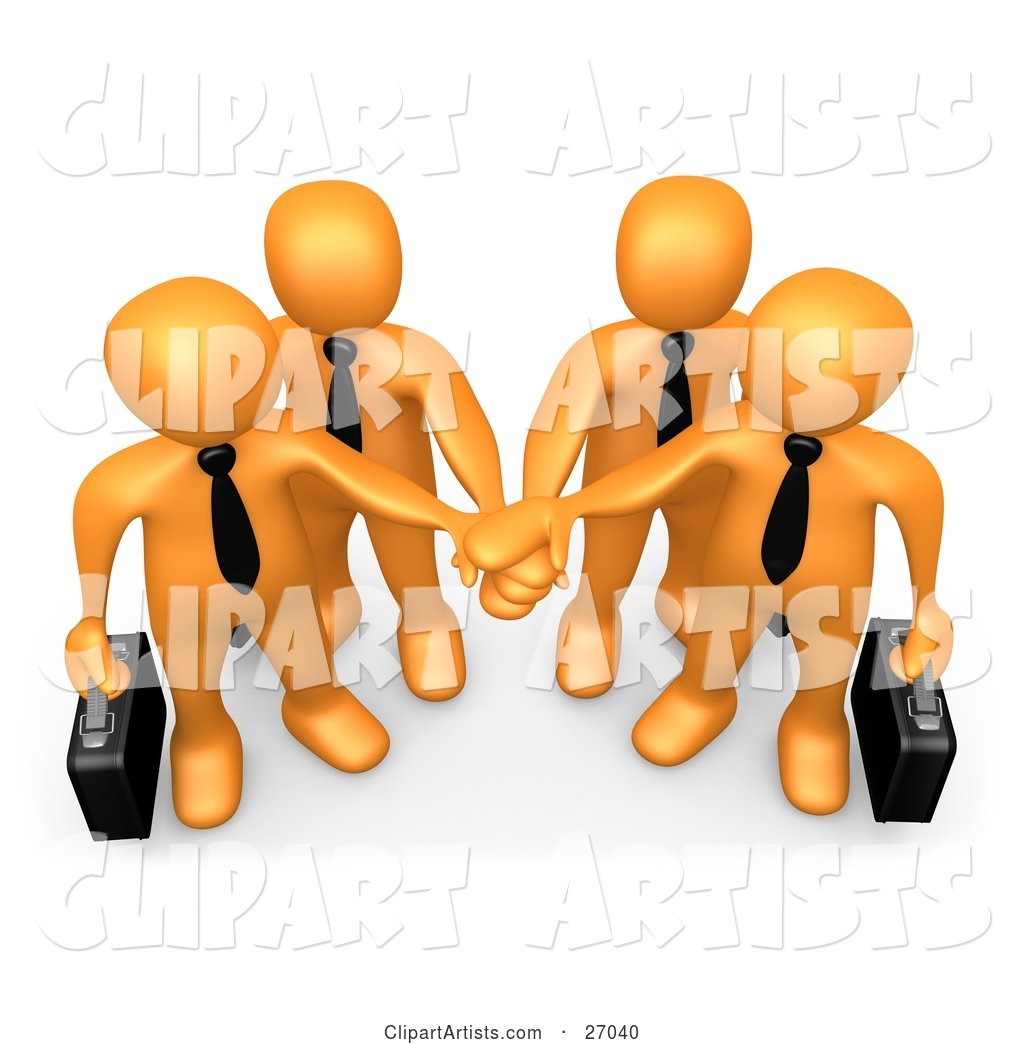 Four Orange Business People Carrying Briefcases and Standing with Their Hands Piled, Symbolizing Teamwork, Cooperation, Support, Unity and Goals