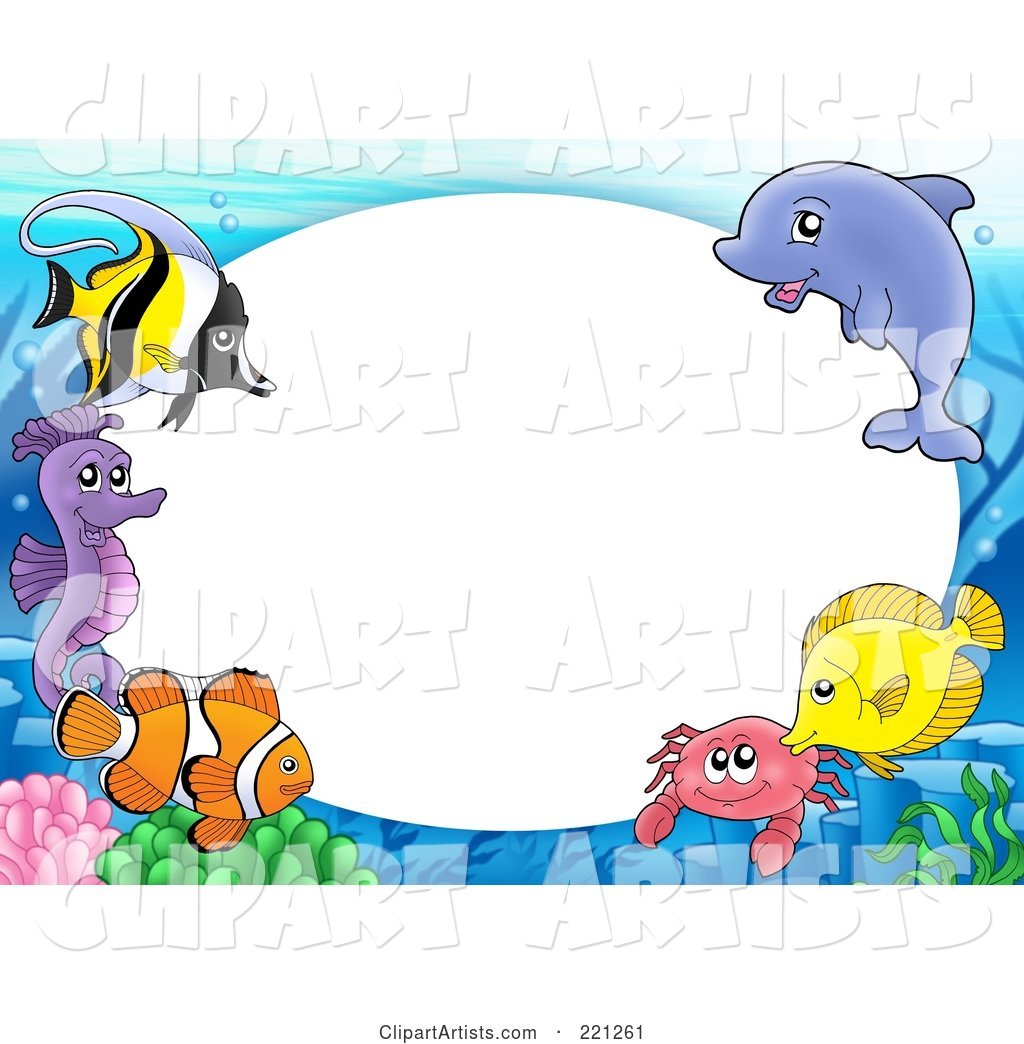 Frame of Marine Fish, a Dolphin, Crab and Seahorse Around Oval White Space