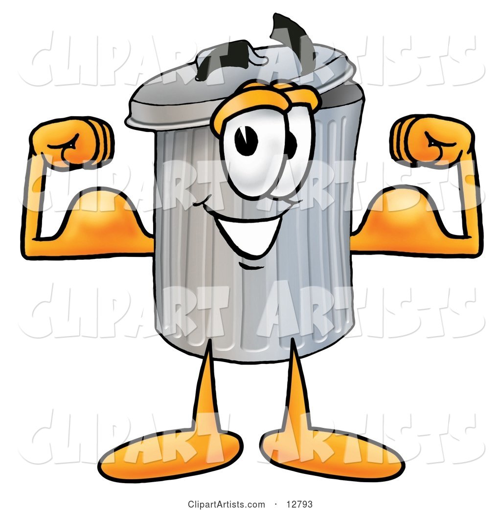 Garbage Can Mascot Cartoon Character Flexing His Arm Muscles