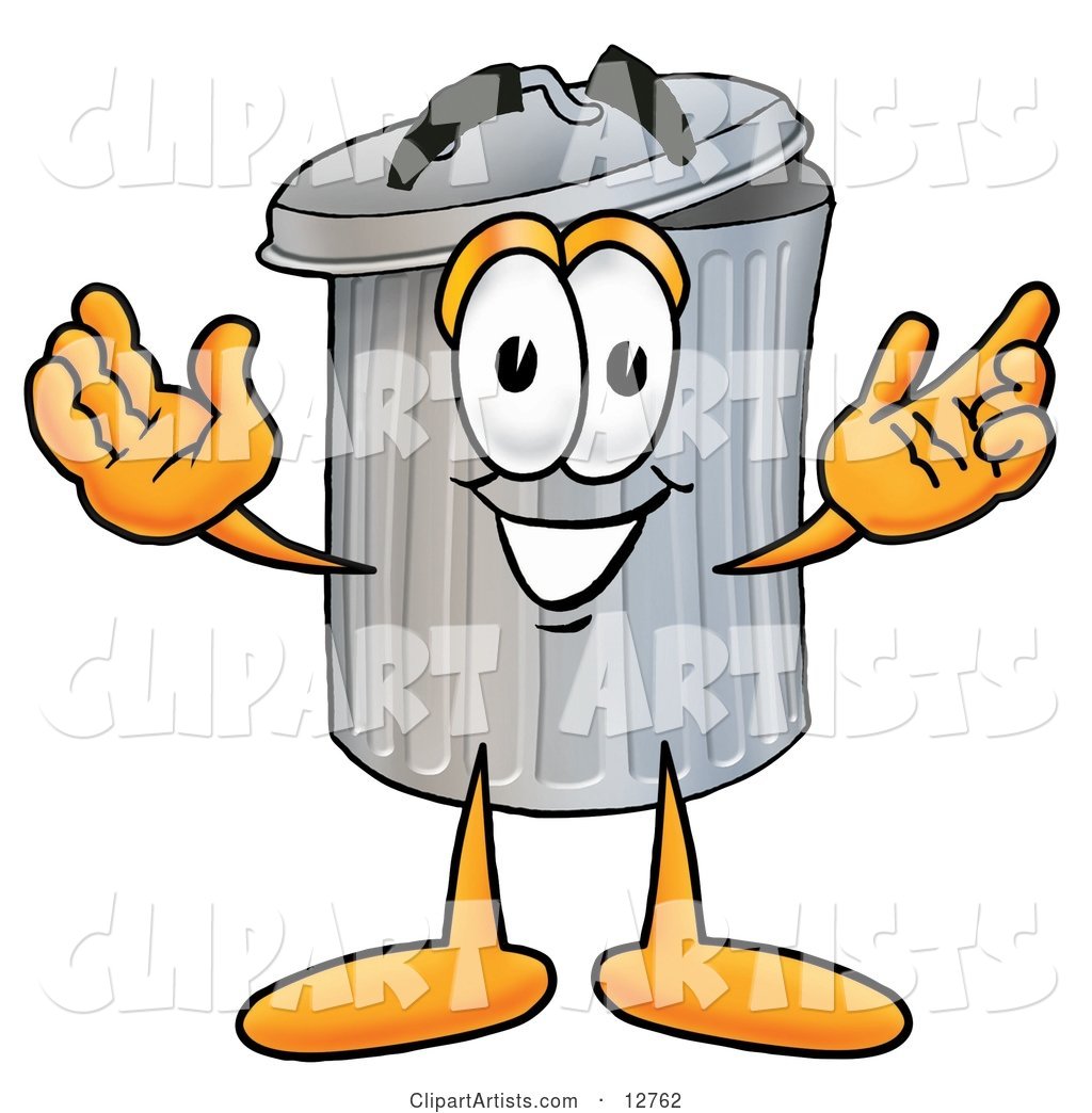 Garbage Can Mascot Cartoon Character with Welcoming Open Arms