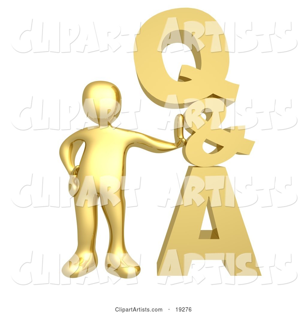 Gold Person Leaning Against a Stacked Questions and Answers Icon