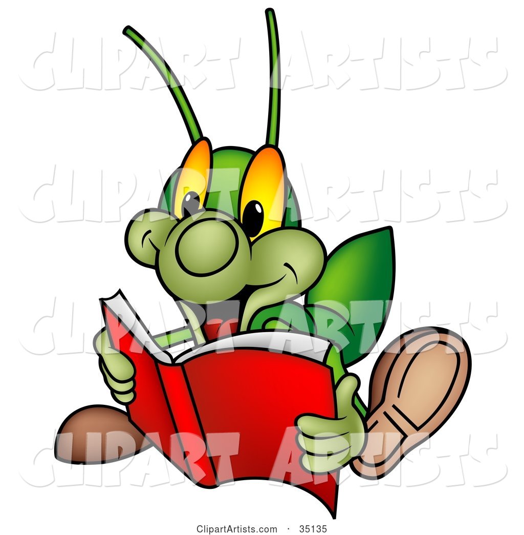 Green Cricket Reading an Exciting Story Book