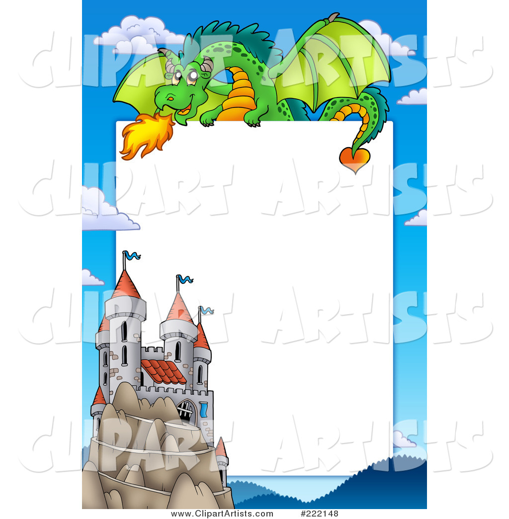 Green Dragon Above a Castle Frame Around White Space