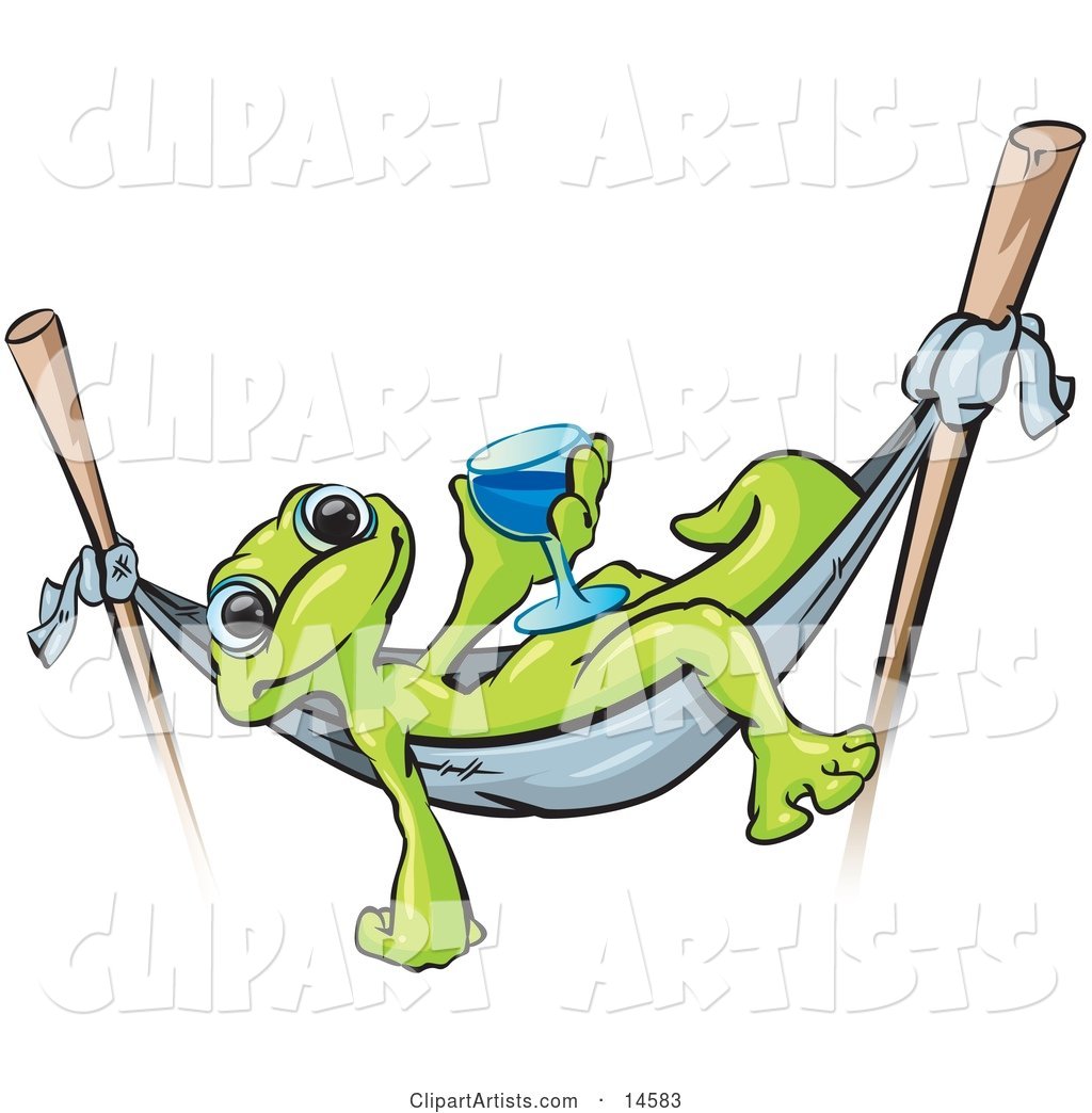 Green Gecko Relaxing in a Hammock Suspended on Two Sticks and Holding a Blue Alcoholic Beverage in a Glass While on Vacation in Hawaii