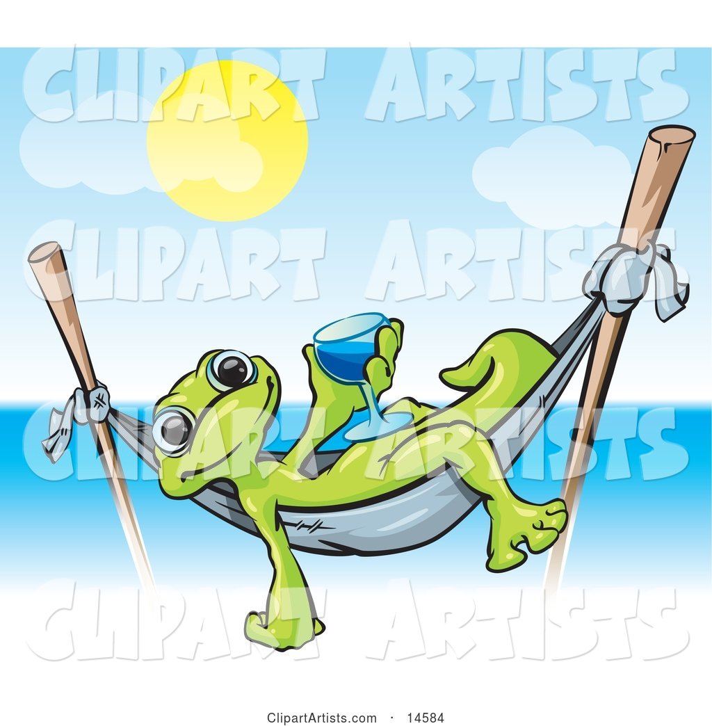 Green Gecko Relaxing in a Hammock Suspended on Two Sticks and Holding a Blue Alcoholic Beverage in a Glass While on Vacation in Hawaii on a Hot Sunny Day