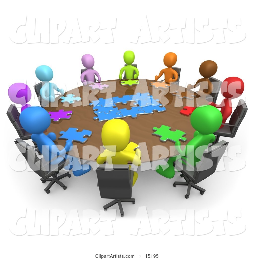 Group of Colorful and Diverse People Holding a Meeting and Trying to Solve a Jigsaw Around a Large Rectangular Conference Table in an Office