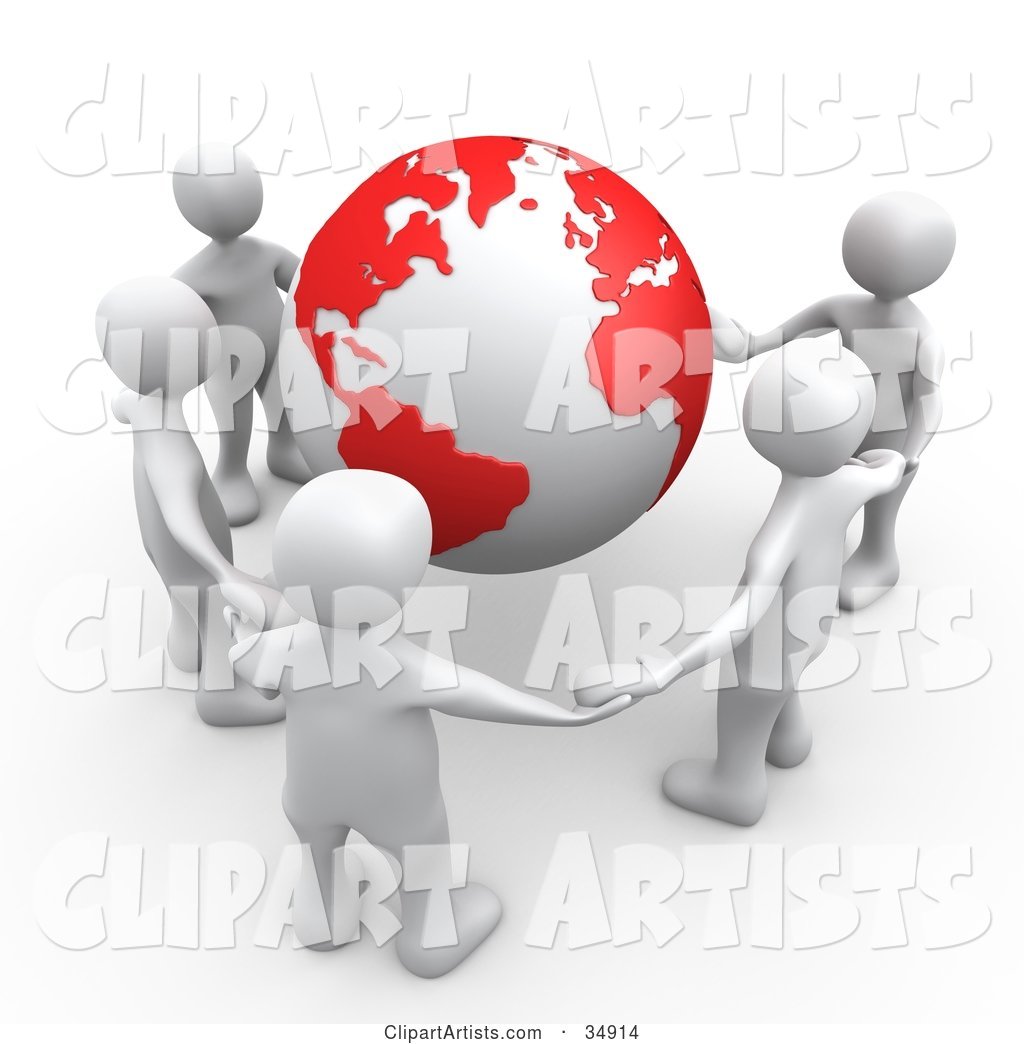 Group of Five White People Holding Hands Around a Globe with Red Continents