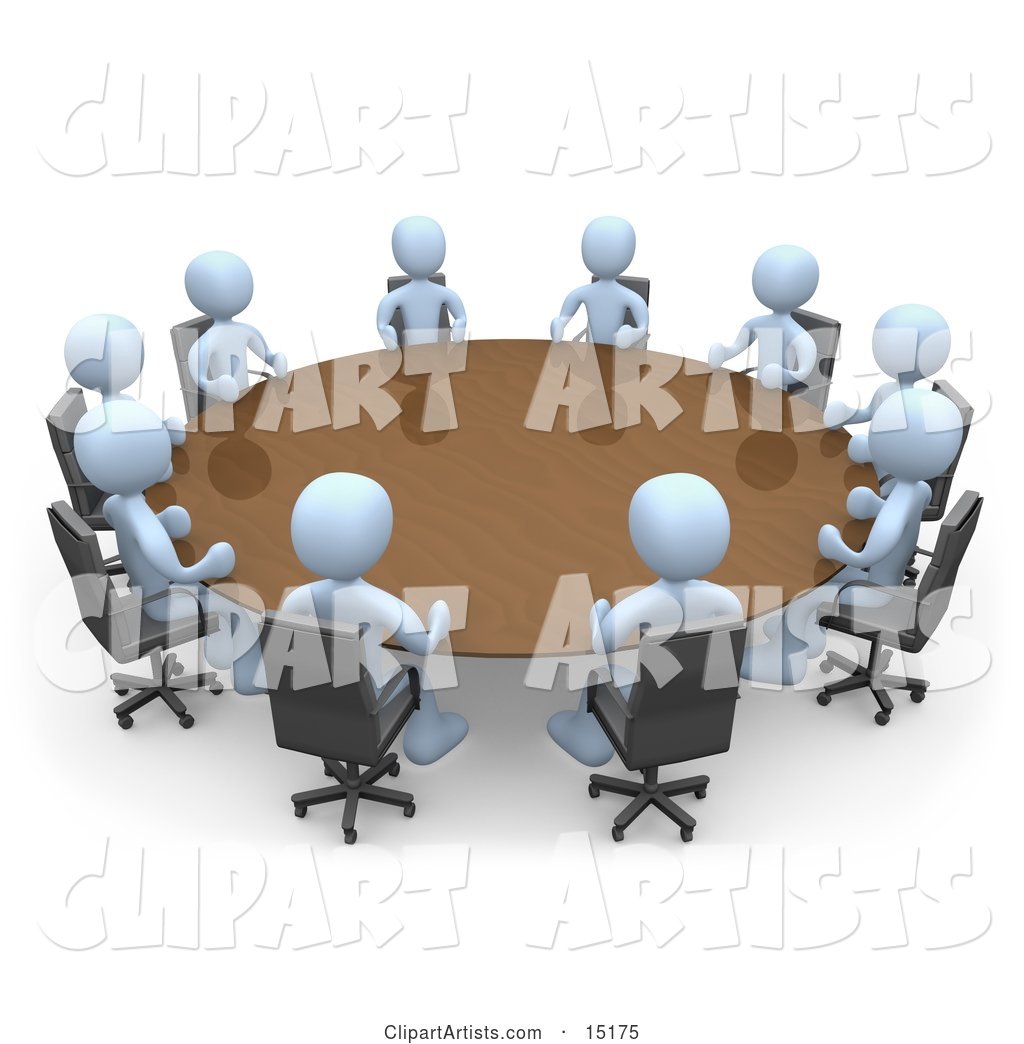 Group of Light Blue People Holding a Meeting at a Large Conference Table in an Office